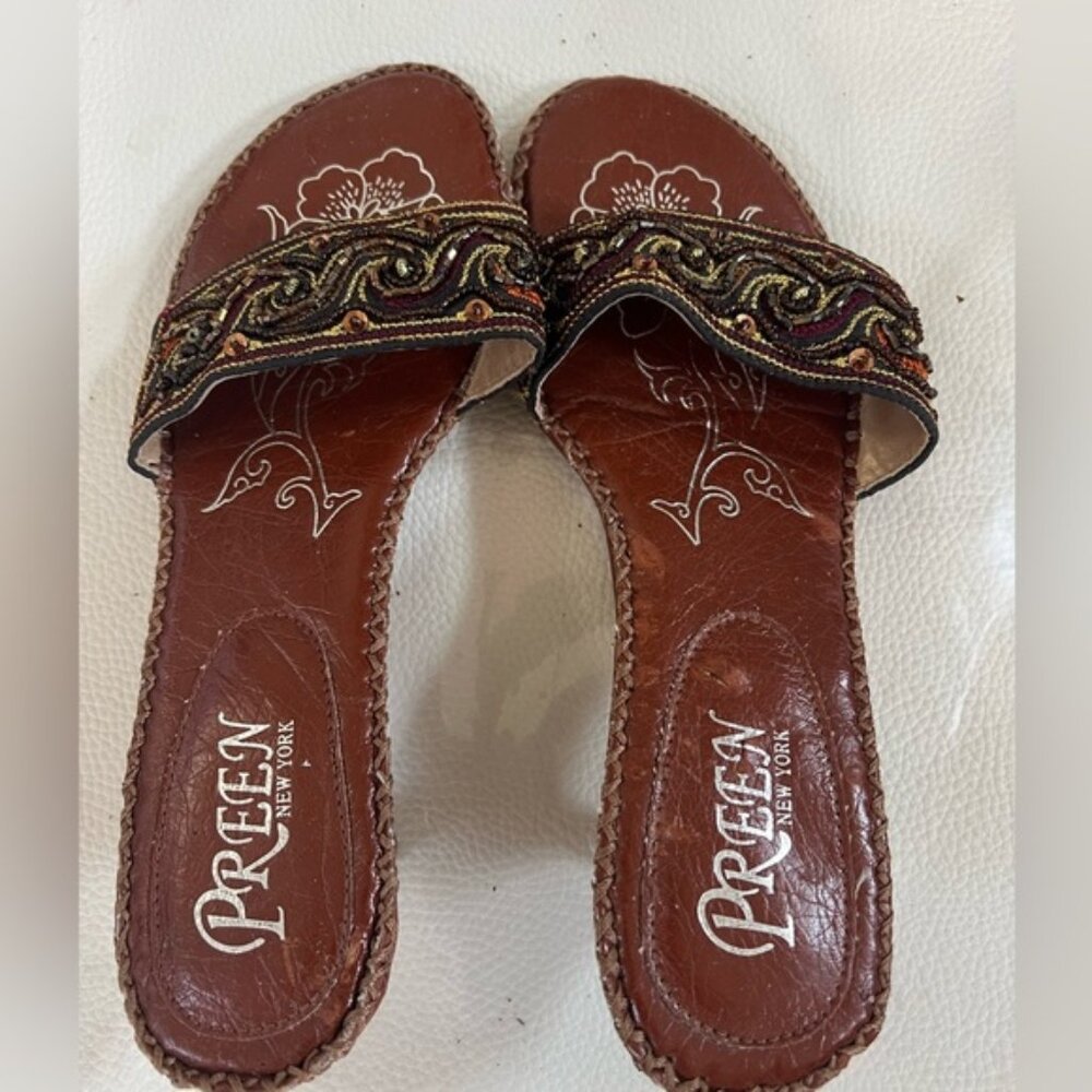 🔥PREEN NEW YORK Mules Kitten Heel Sequin Beaded Slip On Sandals Size 37 US 7